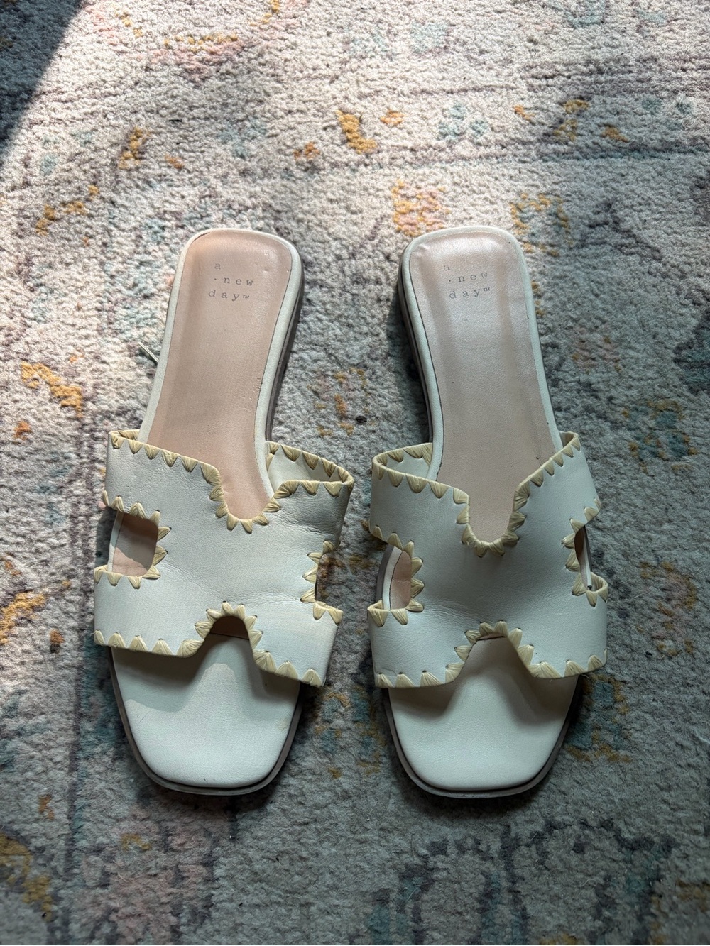 a new day White Slide Sandals with Yellow Stitch Accent